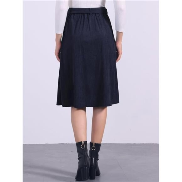 Women's High Waist Elastic Back A-Line Belted Skirt Blue - Picture 4 of 5